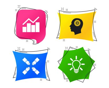 Lamba fikir ve kafa dişli simgeleri ile. Grafik Diyagramı işareti grafiğini çizin. Ekip çalışması sembolü. Geometrik renkli Etiketler. Afiş ile düz kutsal kişilerin resmi. Modaya uygun bir tasarım. Vektör