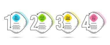 Infographic Şablon 4 seçenekleri veya adımları. Muhasebe raporu, ses kontrolü ve yazıcı simgeler kümesi. Bozuk dosya işareti. Mali durum, Dj kumanda cihazı, yazıcı aygıtı. Zarar görmüş belgeyi. Vektör
