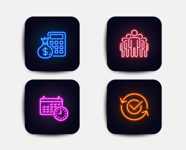 Neon glow ışıkları. Grup, Maliye hesap makinesi ve takvim ikonlar kümesi. Onaylanmış işareti. Yöneticileri, Calculate para, zaman. Sembol yenileyin. Neon simgeler. Parlayan ışık afiş. Vektör