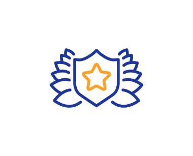 Ödülü kalkan satırı simgesi. Defne çelengi sembolü. Ödüllü işareti. Renkli anahat kavramı. Mavi ve turuncu ince çizgi renk simgesi. Ödüllü vektör