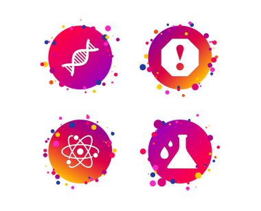 Dikkat ve Dna simgeler. Kimya şişesi işareti. Atom sembolü. Degrade daire düğmeleri ile kutsal kişilerin resmi. Rastgele noktalar teması. Vektör