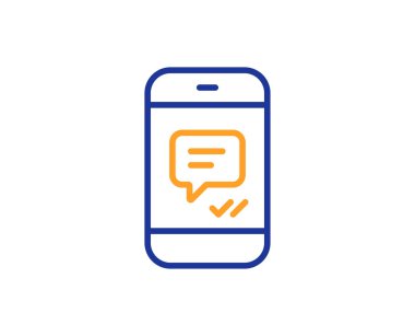 Telefon iletisi satırı simgesi. Mobil sohbet işareti. Konuşma veya Sms sembolü. Renkli anahat kavramı. Mavi ve turuncu ince çizgi renk simgesi. İleti vektör