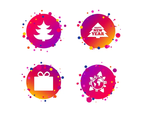 Ευτυχισμένο Νέο Έτος Εικονίδιο Χριστουγεννιάτικο Δέντρο Και Δώρο Πλαίσιο Σημάδια — Διανυσματικό Αρχείο