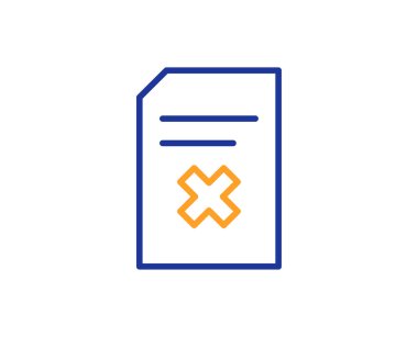 Belge satırı simgesini kaldırın. Bilgi dosyasını işaret silin. Kağıt sayfası kavramı sembol. Renkli anahat kavramı. Mavi ve turuncu ince çizgi renk simgesi. Sil dosya vektör