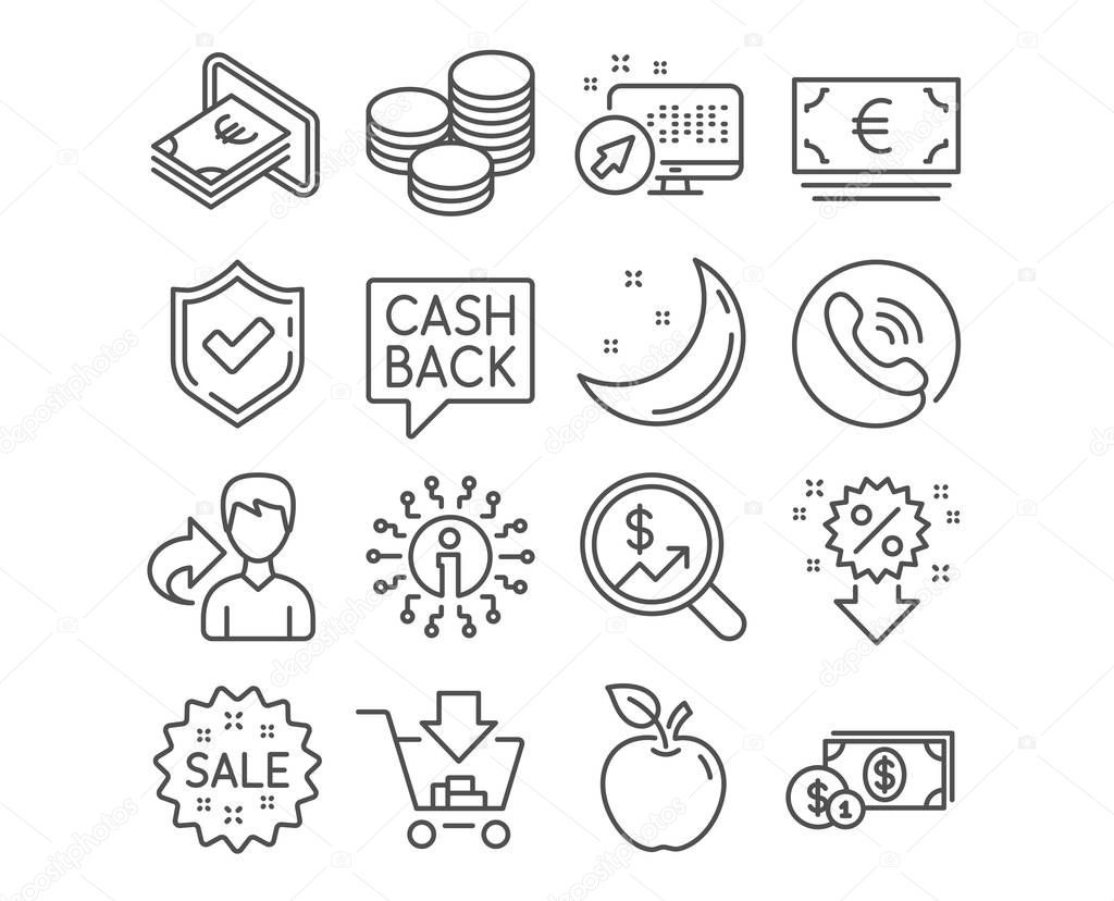 Set of Shopping, Discount and Sale icons. Cash, Dollar money and Euro currency signs. Currency audit, Tips and Money transfer symbols. Add to cart, Sale shopping discount, Atm payment. Vector