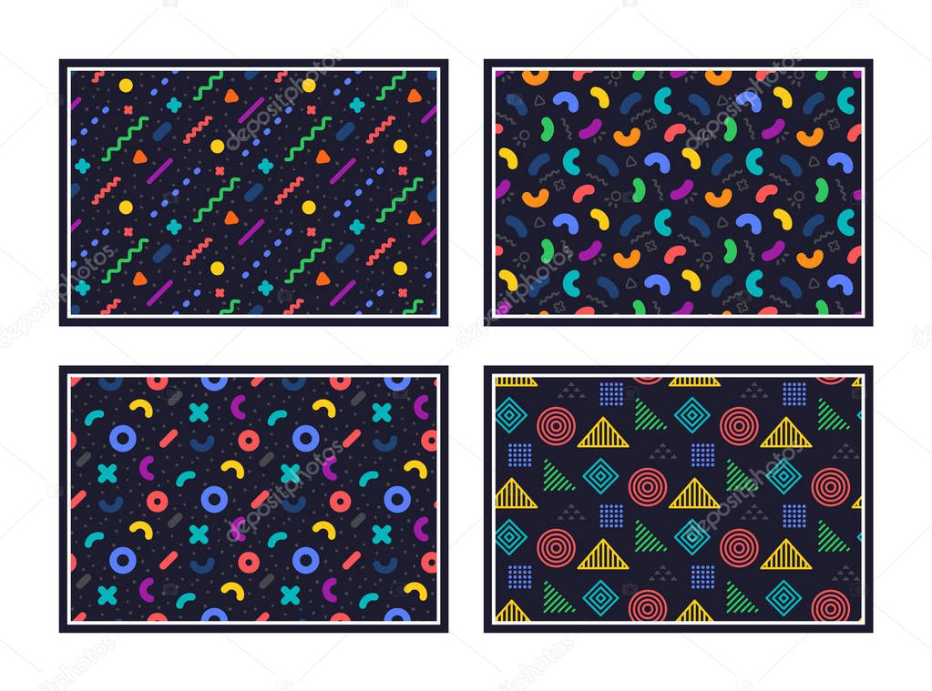 Geometric pattern. Abstract seamless texture. Colorful geometric figures or shapes. Swatches with graphic pattern. Hipster fashion Memphis style texture. Abstract line decoration composition. Vector