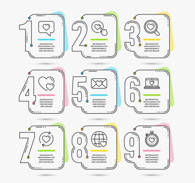 Infographic şablonu ile 9 arasındaki rakamları seçenekleri. Web aşk, güncelleştirme ilişkileri ve Sevgililer simgeler kümesi. Kalpler, arama sevgi ve düğme işaretler gibi. Kalp atışı Zamanlayıcı simgesi. Vektör