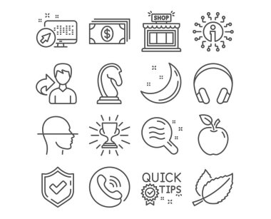 Bankacılık, hızlı ipuçları ve nane simgeler bırakır. Pazarlama stratejisi, kupa ve cilt işaretleri durumu. Dükkanı, yüz tarama ve kulaklık simgeler. Para ödeme, faydalı hileler, Mentha bitkisel. Vektör