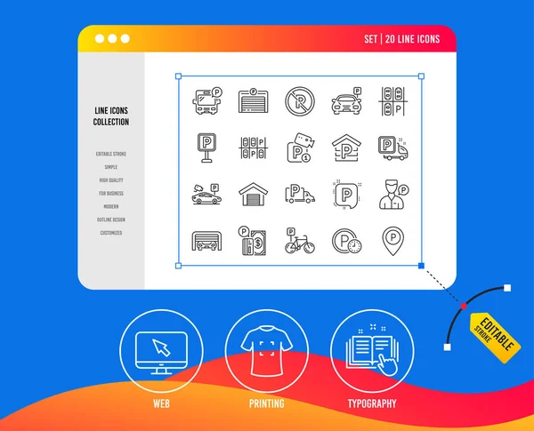 Піктограми Лінії Паркування Набір Лінійних Значків Гаража Службовця Платних Паркувальних — стоковий вектор