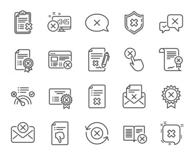 Reddetmek veya satır simgeler iptal edin. Dizi düşüş sertifika, iptal ve antipati doğrusal simgeler. Reddetme, reddedildi damgası ve Onayla ya da semboller iptal. Yanlış anlaşma, silme posta. Vektör