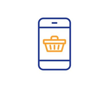 Mobil alışveriş sepeti satırı simgesi. Smartphone Online işareti satın alma. Süpermarket sepet simgesi. Renkli anahat kavramı. Mavi ve turuncu ince çizgi renk simgesi. Vektör satın Smartphone