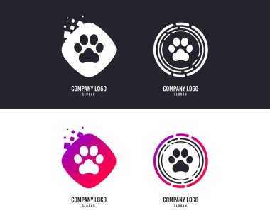Logo kavramı. Köpek pençe işareti simgesi. Evcil hayvan sembolü. Logo tasarımı. Renkli düğmeler simgeler ile. Köpek pençe logo vektör