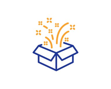 Hediye kutusu açık hat simgesi. Noel ve yeni yıl işareti sunar. Sürpriz sembolü. Renkli anahat kavramı. Mavi ve turuncu ince çizgi renk simgesi. Hediye vektör