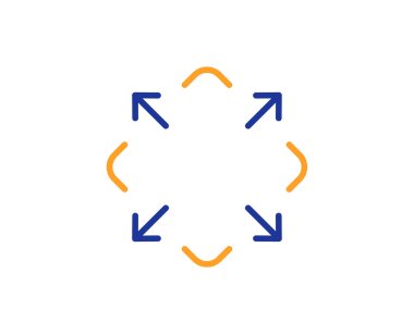 Ok satırı simgesi en üst düzeye çıkarmak. Tam ekran simgesi. Gezinti işareti en üst düzeye çıkarmak. Renkli anahat kavramı. Mavi ve turuncu ince çizgi renk simgesi. Vektör en üst düzeye çıkarmak