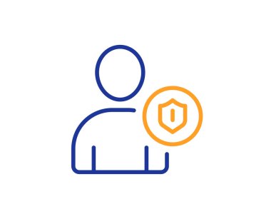 Kullanıcı koruma satırı simgesi. Profil Avatar kalkan işareti ile. Kişi siluet simge. Renkli anahat kavramı. Mavi ve turuncu ince çizgi renk simgesi. Güvenlik vektör