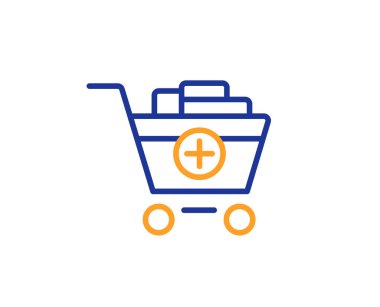 Alışveriş sepeti satırı simgesi için ekleyin. Online satın alma işareti. Süpermarket sepet simgesi. Renkli anahat kavramı. Mavi ve turuncu ince çizgi renk simgesi. Ürünler vektör ekleme