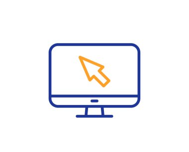 Bilgisayar or monitör simgesini tıklatın. Fare imleç işareti. Kişisel bilgisayar simgesi. Renkli anahat kavramı. Mavi ve turuncu ince çizgi renk simgesi. Internet vektör