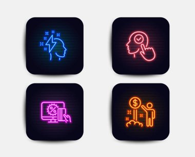 Neon glow ışıkları. Online alışveriş, Select Kullanıcı ve beyin fırtınası simgeler kümesi. Gelir para işareti. Siyah Cuma, onay kutusu, şimşek ile baş. Servet. Neon simgeler. Parlayan ışık afiş. Vektör