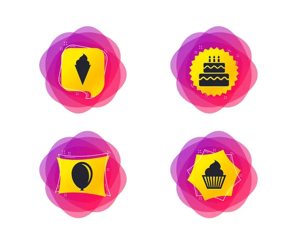 誕生日パーティーのアイコン アイスクリームの兆候とケーキ 空気バルーン シンボル 図形グラデーション販売 創造的なバナー デザインのテンプレートです 誕生日パーティーのベクトル — ストックベクタ