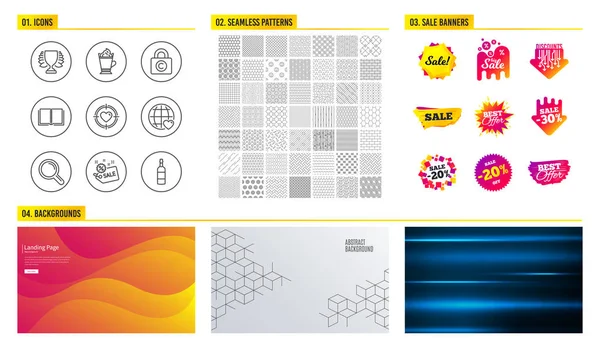 无缝模式 商场横幅 一套国际爱 拿铁咖啡和销售图标 情人节目标和获胜者的标志 版权储物柜和白兰地瓶 模式向量 — 图库矢量图片