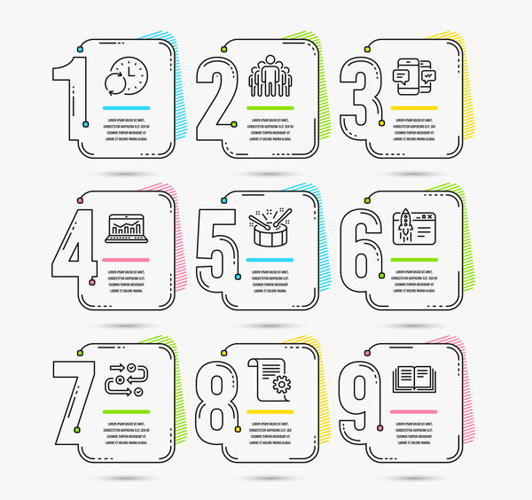 Infographic timeline. Set of Technical documentation, Update time and Group icons. Start business, Smartphone sms and Survey progress signs. Infographic timeline vector