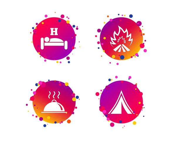 Hot Food Sleep Camping Tent Fire Icons Hotel Bed Breakfast — Stock Vector