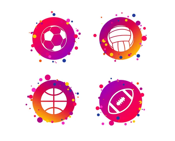 Sport balls icons. Volleyball, Basketball, Soccer and American football signs. Team sport games. Gradient circle buttons with icons. Random dots design. Vector