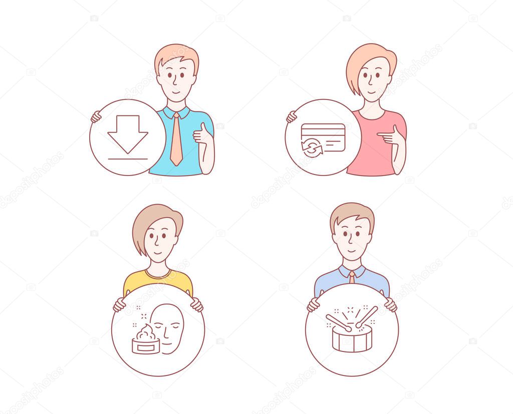 People hand drawn style. Set of Downloading, Face cream and Change card icons. Drums sign. Load information, Gel, Payment method. Drumsticks. Character hold circle button. Man with like hand. People vector
