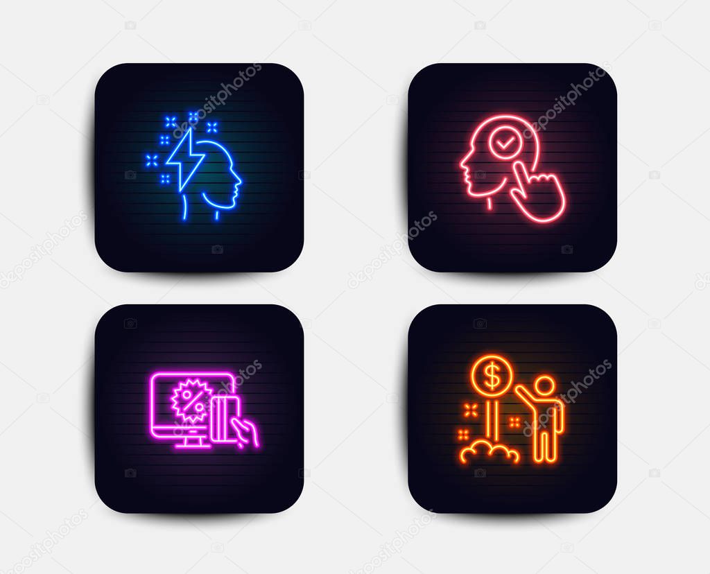 Neon glow lights. Set of Online shopping, Select user and Brainstorming icons. Income money sign. Black friday, Head with checkbox, Lightning bolt. Wealth.  Neon icons. Glowing light banners. Vector