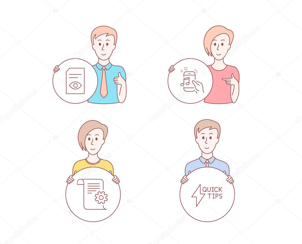People set of Technical documentation, Music phone and View document icons. Quickstart guide sign. Manual, Radio sound, Open document file. Lightning symbol. People vector.