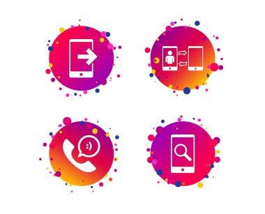 Telefon simgeleri. Konuşma balonu işareti ile Smartphone. Çağrı merkezi desteği sembolü. Eşitleme sembolü. Degrade daire düğmeleri ile telefon kutsal kişilerin resmi. Rastgele noktalar teması. Vektör