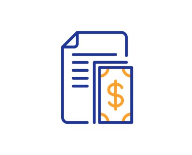 Ödeme satırı simgesi. Nakit para sembol ile belge. Dolar para birimi simgesi. Renkli anahat kavramı. Mavi ve turuncu ince çizgi renk simgesi. Ödeme vektör