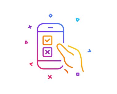 Mobil anket satırı simgesi. Yanıt işaretini seçin. İş görüşme simgesi. Degrade çizgi düğmesini. Mobil anket simgesi tasarım. Renkli geometrik şekiller. Vektör