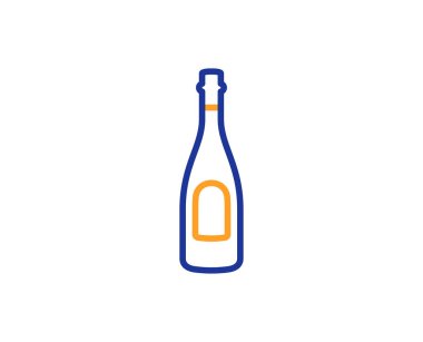 Şampanya şişesi satırı simgesi. Yıldönümü alkol işareti. Kutlama olay içki. Renkli anahat kavramı. Mavi ve turuncu ince çizgi renk simgesi. Şampanya vektör