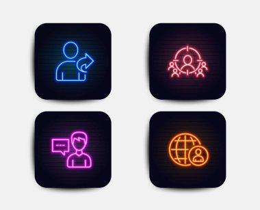 Neon öner arkadaş, kişi konuşma ve simgeler hedef iş kümesi. Uluslararası işe alım işareti. Paylaşım, iletişim mesaj, insanlar ve hedef nişan al. İş neon simgeler. Vektör