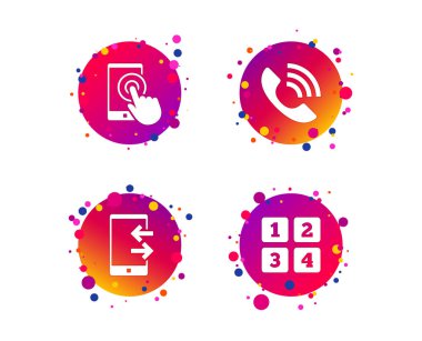 Telefon simgeleri. Dokunmatik ekran smartphone işareti. Çağrı merkezi desteği sembolü. Cep telefonu klavye simgesi. Gelen ve outcoming aramaları. Degrade daire düğmeleri ile telefon kutsal kişilerin resmi. Vektör