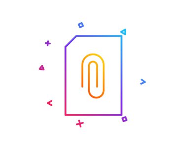 Belge satırı simgesi ekleyin. Bilgi dosya işareti. Kağıt sayfası kavramı sembol. Veri karşı yüklemesi. Degrade çizgi düğmesini. Ek simgesi tasarım. Renkli geometrik şekiller. Vektör