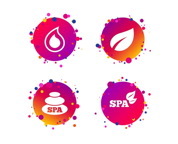 Iconos Piedras Spa Gota Agua Con Símbolos Hojas Signo Lágrima — Vector de stock