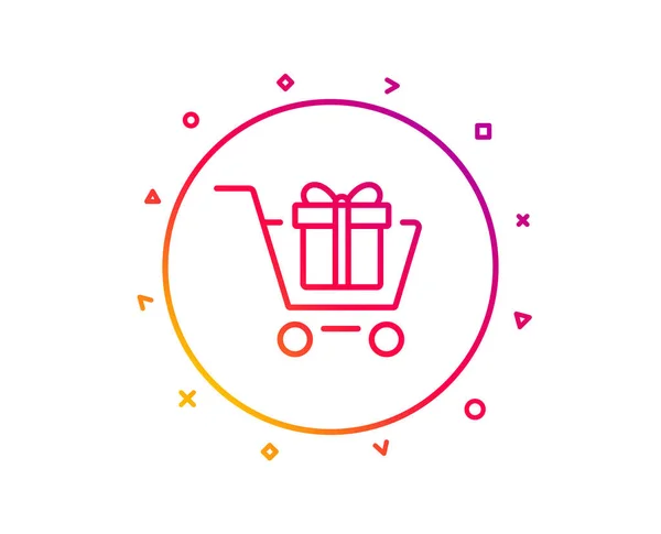 Shopping cart with Gift box line icon. Present or Sale sign. Birthday Shopping symbol. Package in Gift Wrap. Gradient pattern line button. Shopping cart icon design. Geometric shapes. Vector