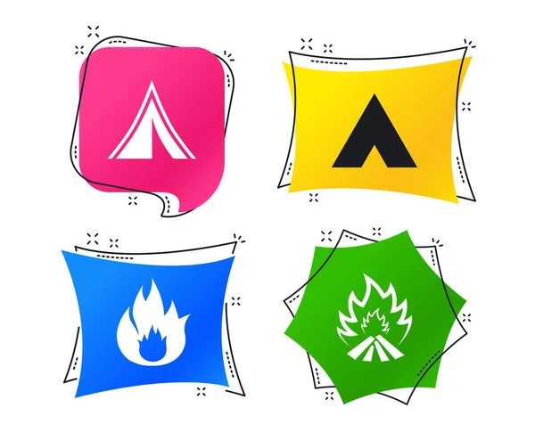 Tourist Camping Tent Icons Fire Flame Sign Symbols Geometric Colorful — Stock Vector