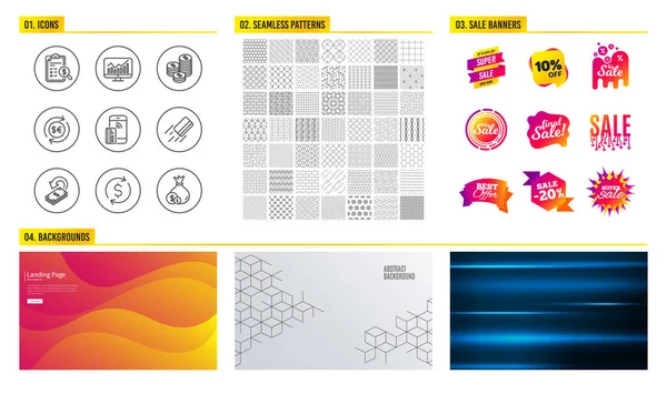 シームレス パターン ショッピング モールのバナー コイン お金通貨とキャッシュ バック アイコンのセットです 会計報告書 ドル両替統計記号 — ストックベクタ