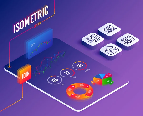 Conjunto Isométrico Descuentos Calendario Estadísticas Línea Iconos Riqueza Contable Signo — Vector de stock