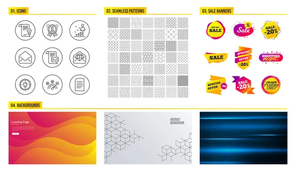 无缝模式 商场横幅 一组正确答案 统计信息和已批准的协议图标 邮件信件 网络邮件和想法标志 文档符号 — 图库矢量图片