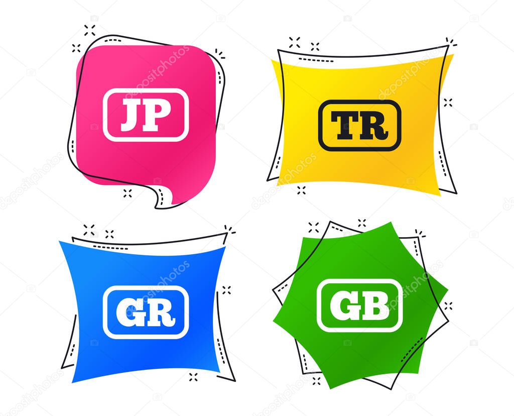 Language icons. JP, TR, GR and GB translation symbols. Japan, Turkey, Greece and England languages. Geometric colorful tags. Banners with flat icons. Trendy design. Vector