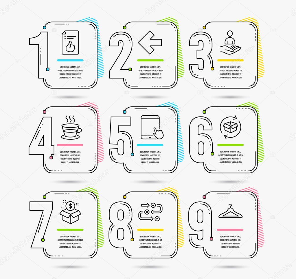 Infographic timeline. Set of Post package, Survey progress and Approved document icons. Tablet pc, Coffee cup and Left arrow signs. Timeline vector