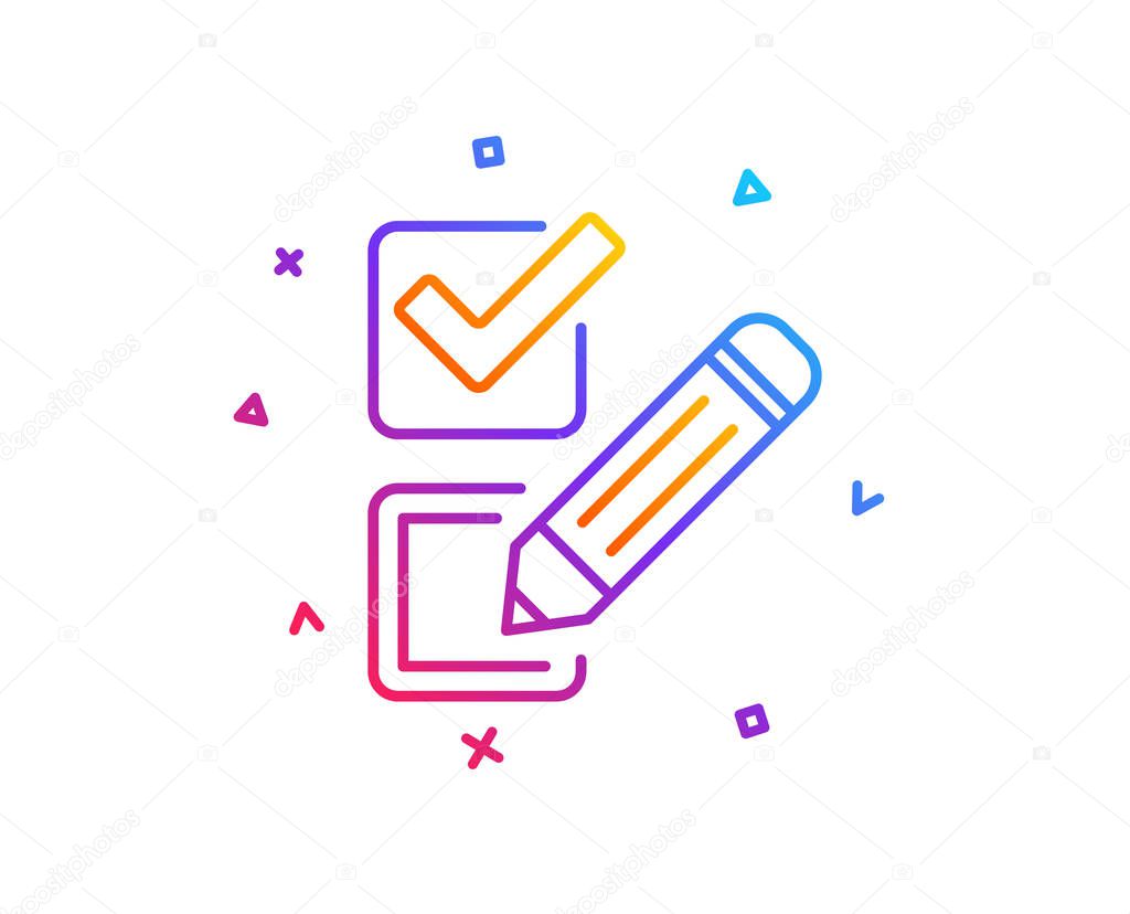 Checkbox line icon. Survey choice sign. Business review symbol. Gradient line button. Checkbox icon design. Colorful geometric shapes. Vector