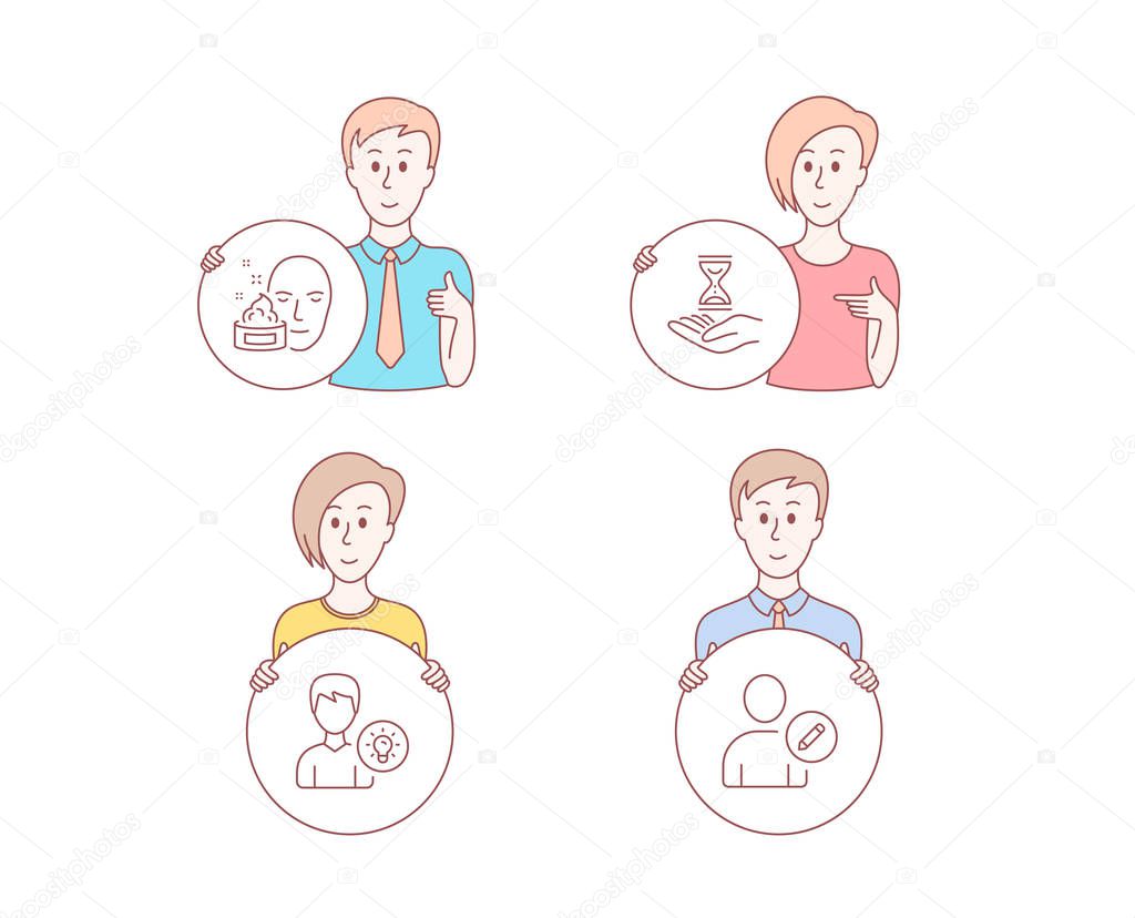 People set of Face cream, Time hourglass and Person idea icons. Edit user sign. Gel, Sand watch, Lamp energy. Profile data. Character hold circle button. Man with like hand. People vector