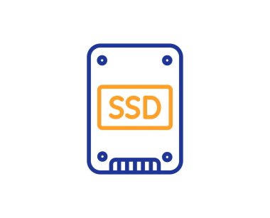 SSD simgesi. Katı hal sürücü işareti. Depolama disk simgesi. Renkli anahat kavramı. Mavi ve turuncu ince çizgi renk simgesi. SSD vektör