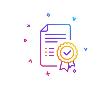 Sertifika satırı simgesi. Belge işareti doğrulandı. Kabul edilen veya teyit sembolü. Degrade çizgi düğmesini. Sertifika simgesi tasarım. Renkli geometrik şekiller. Vektör