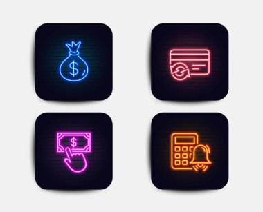 Neon ödeme tıklama, para çantasını ve değişim kartı simgeler kümesi. Hesap makinesi alarm işareti. Mali havale, Usd Döviz Alım ve ödeme yöntemi. Muhasebe. Neon ödeme simgeler. Parlayan ışık afiş. Vektör